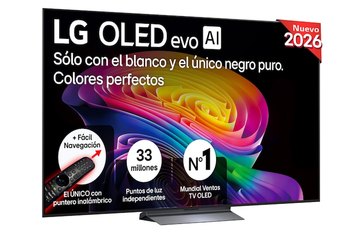 The front view of LG OLED evo AI C6, released in 2026, features a slim black bezel, with a vivid, sculpted swirl of layered rainbow tones flowing across the screen.